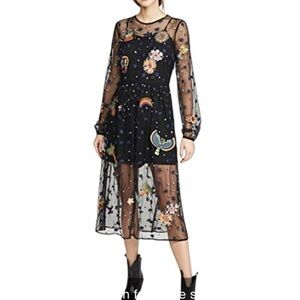 FARM RIO Embroidered Borogodo Mesh Dress Tropical Celestial Motifs Size Large